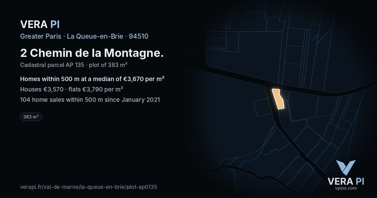 2 Chemin de la Montagne, La Queue-en-Brie at night – the plot lit, the parcels around coloured by the prices near them