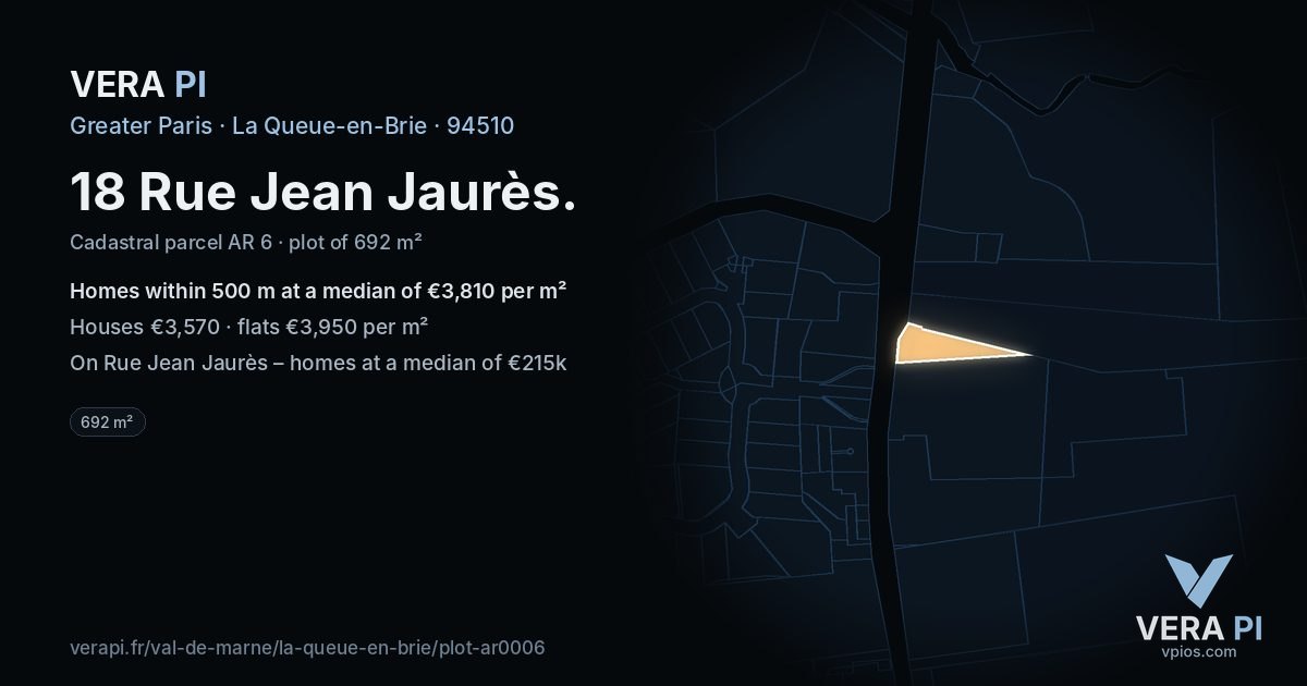 18 Rue Jean Jaurès, La Queue-en-Brie at night – the plot lit, the parcels around coloured by the prices near them