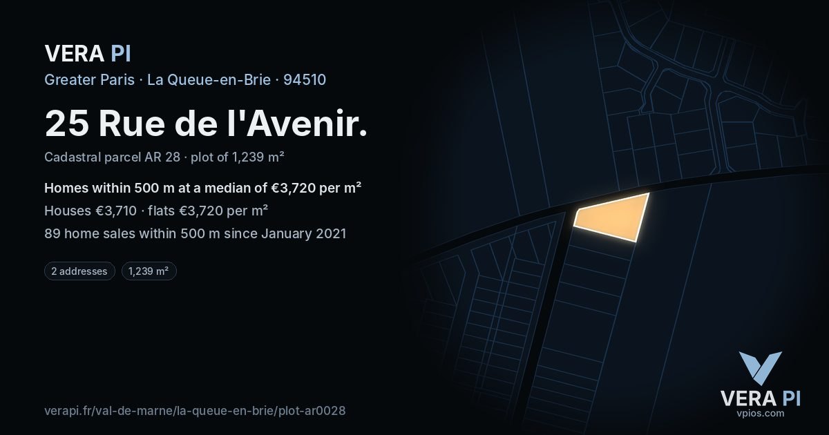 25 Rue de l'Avenir, La Queue-en-Brie at night – the plot lit, the parcels around coloured by the prices near them