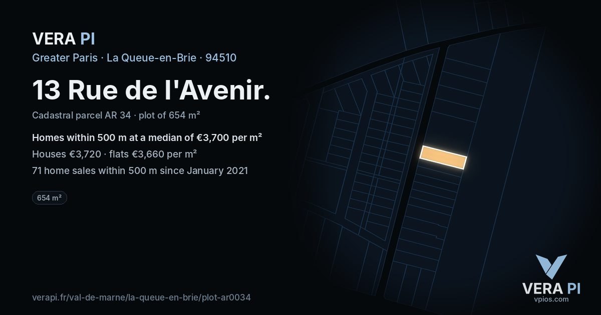 13 Rue de l'Avenir, La Queue-en-Brie at night – the plot lit, the parcels around coloured by the prices near them