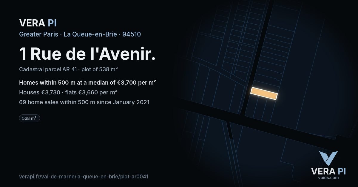 1 Rue de l'Avenir, La Queue-en-Brie at night – the plot lit, the parcels around coloured by the prices near them