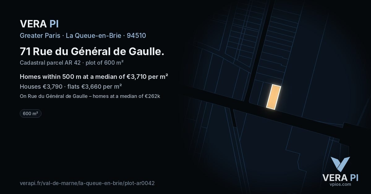71 Rue du Général de Gaulle, La Queue-en-Brie at night – the plot lit, the parcels around coloured by the prices near them