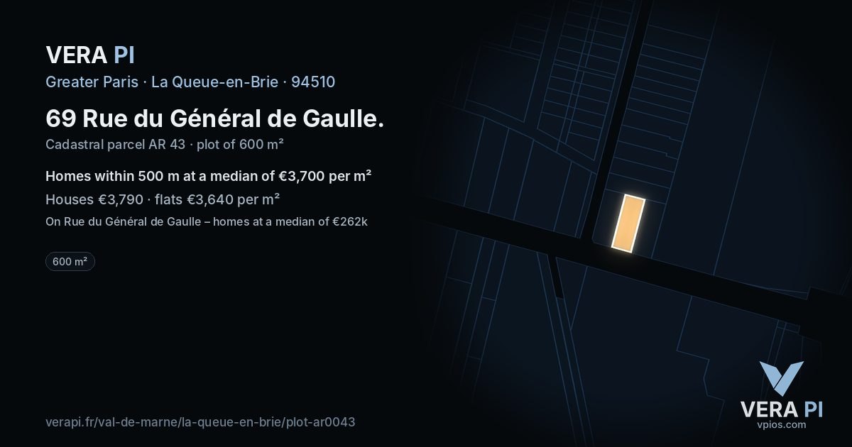 69 Rue du Général de Gaulle, La Queue-en-Brie at night – the plot lit, the parcels around coloured by the prices near them
