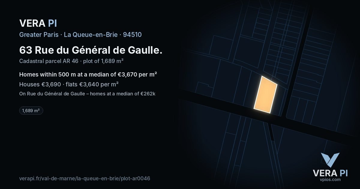 63 Rue du Général de Gaulle, La Queue-en-Brie at night – the plot lit, the parcels around coloured by the prices near them