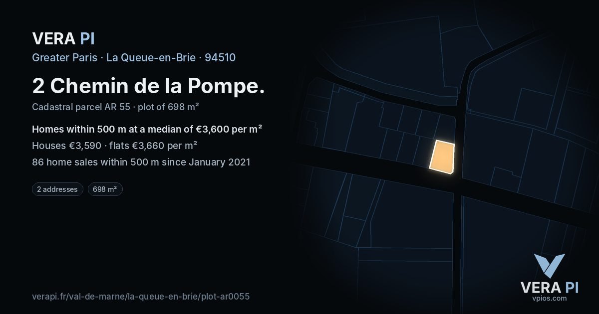 2 Chemin de la Pompe, La Queue-en-Brie at night – the plot lit, the parcels around coloured by the prices near them
