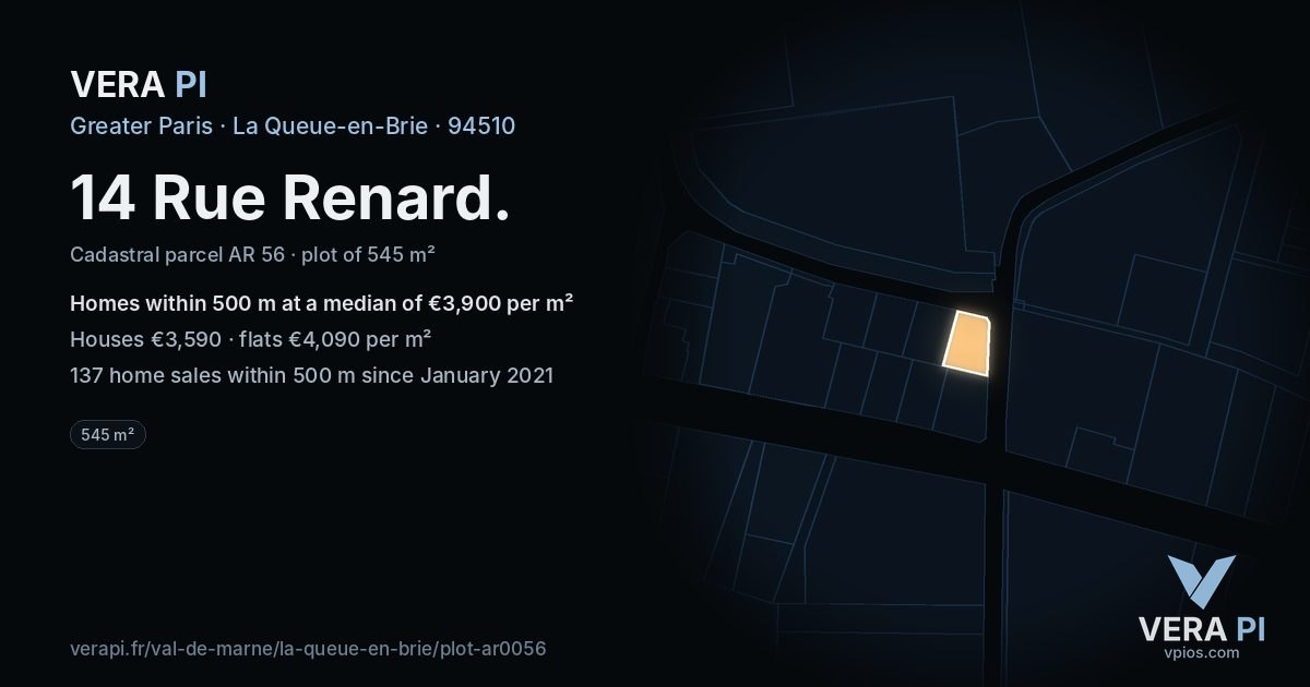 14 Rue Renard, La Queue-en-Brie at night – the plot lit, the parcels around coloured by the prices near them