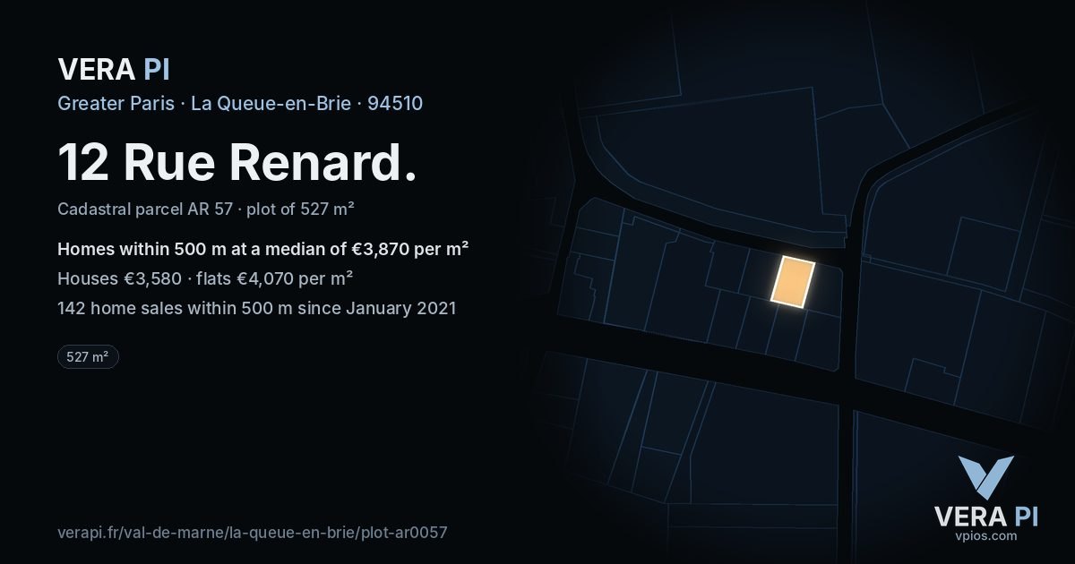 12 Rue Renard, La Queue-en-Brie at night – the plot lit, the parcels around coloured by the prices near them