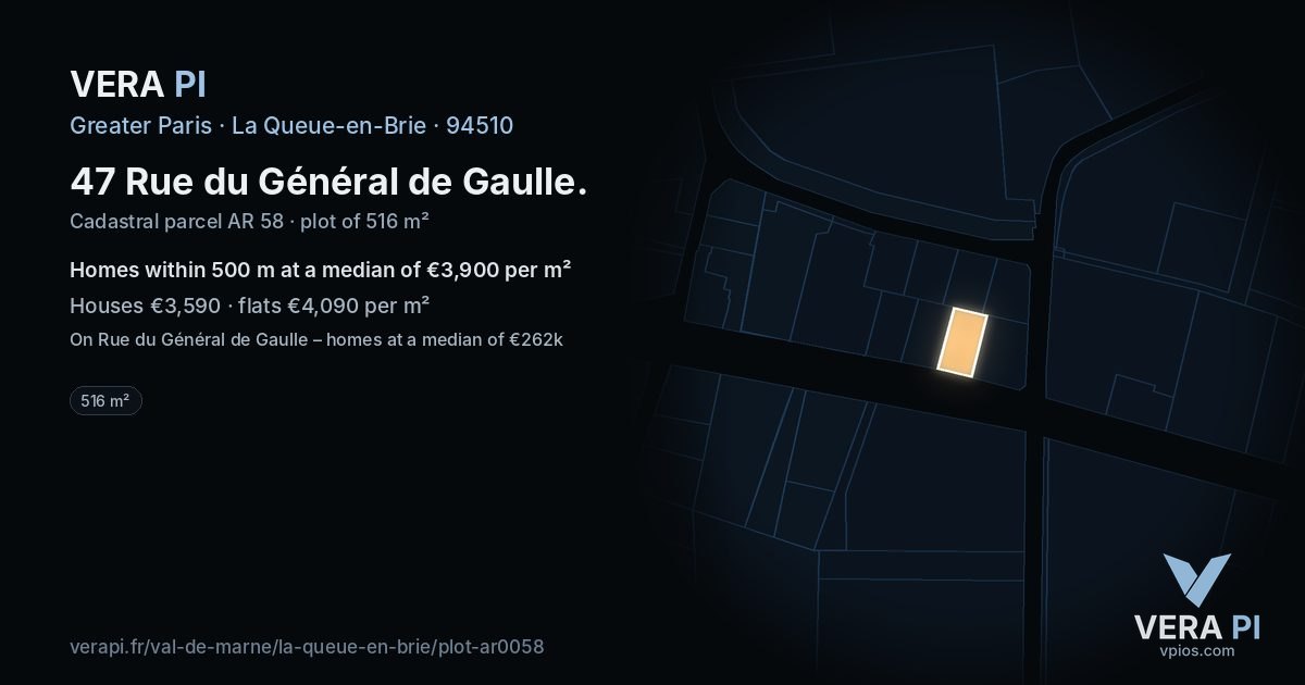 47 Rue du Général de Gaulle, La Queue-en-Brie at night – the plot lit, the parcels around coloured by the prices near them