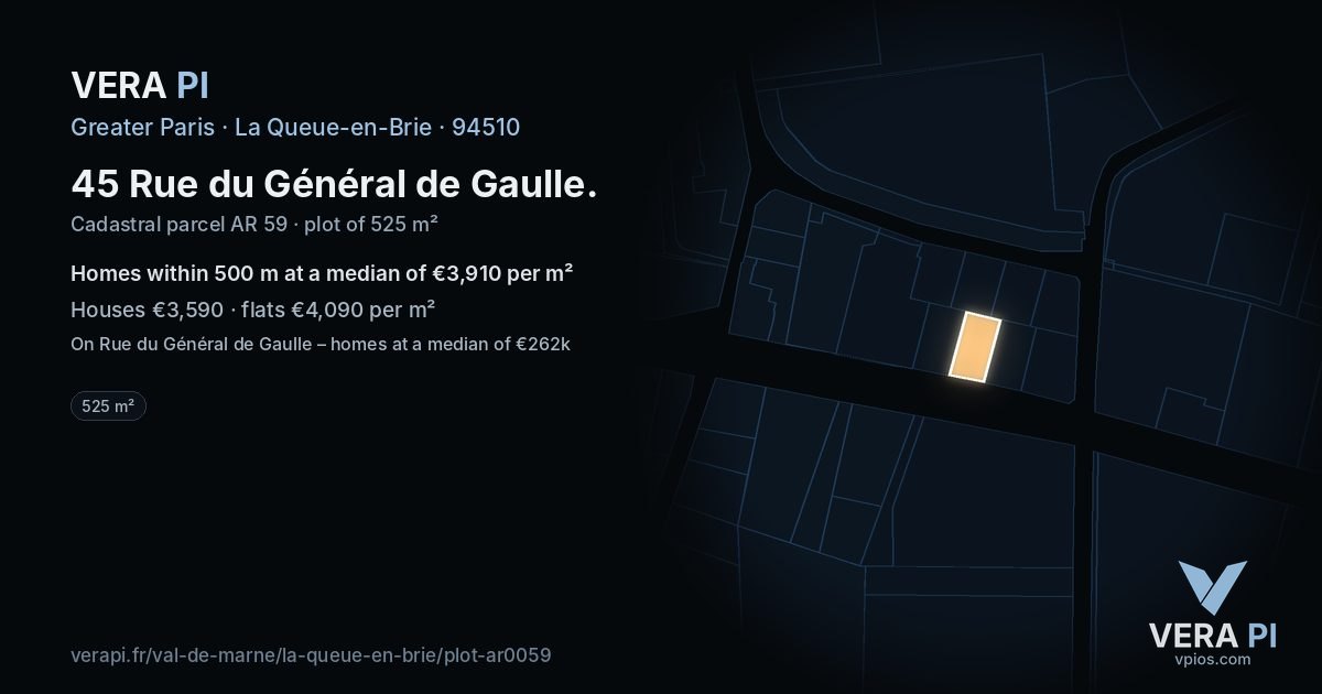 45 Rue du Général de Gaulle, La Queue-en-Brie at night – the plot lit, the parcels around coloured by the prices near them