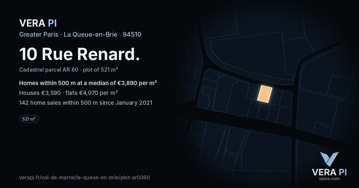 10 Rue Renard, La Queue-en-Brie at night – the plot lit, the parcels around coloured by the prices near them