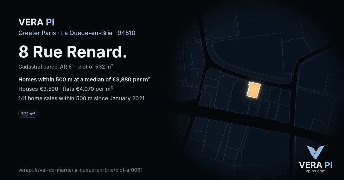 8 Rue Renard, La Queue-en-Brie at night – the plot lit, the parcels around coloured by the prices near them