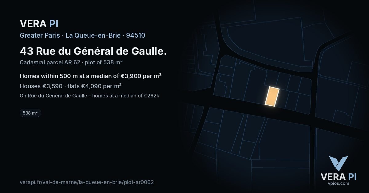 43 Rue du Général de Gaulle, La Queue-en-Brie at night – the plot lit, the parcels around coloured by the prices near them