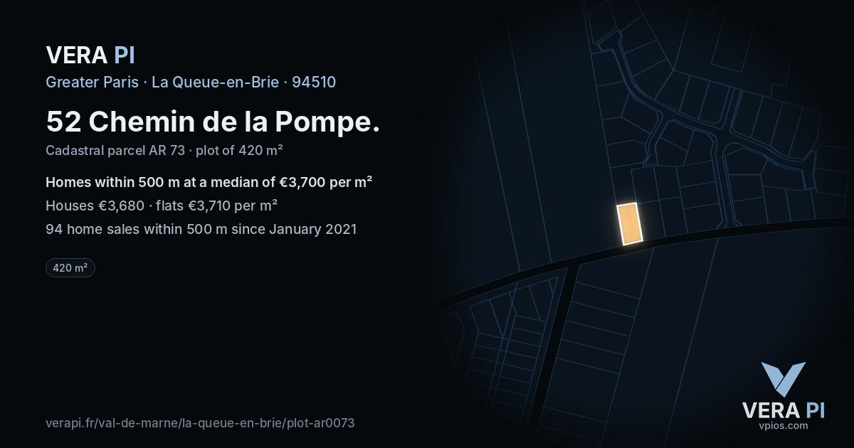 52 Chemin de la Pompe, La Queue-en-Brie at night – the plot lit, the parcels around coloured by the prices near them
