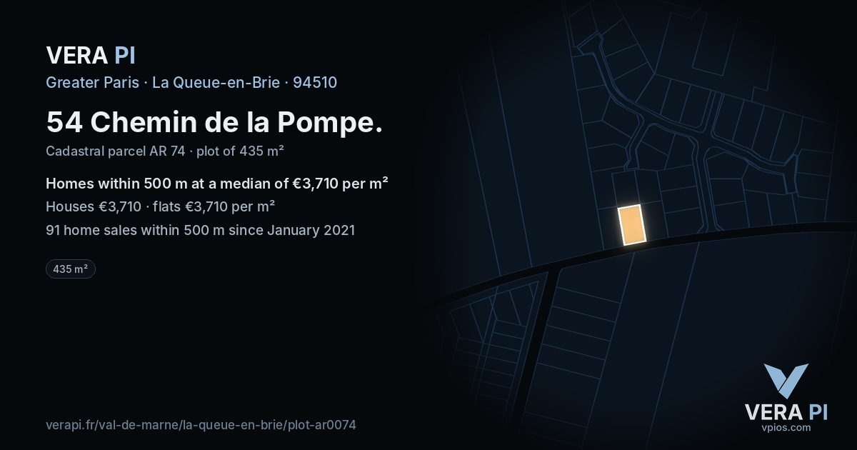 54 Chemin de la Pompe, La Queue-en-Brie at night – the plot lit, the parcels around coloured by the prices near them