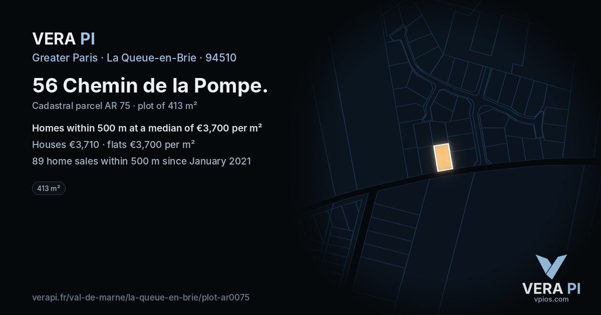 56 Chemin de la Pompe, La Queue-en-Brie at night – the plot lit, the parcels around coloured by the prices near them