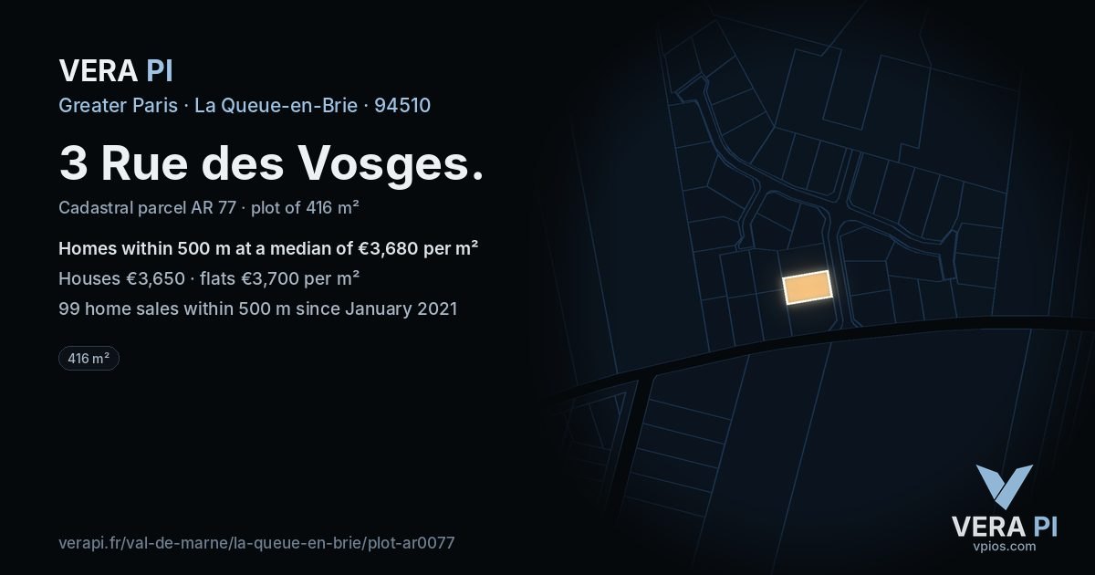 3 Rue des Vosges, La Queue-en-Brie at night – the plot lit, the parcels around coloured by the prices near them