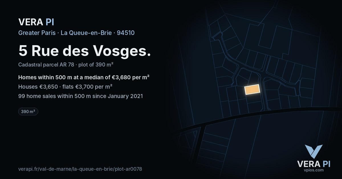 5 Rue des Vosges, La Queue-en-Brie at night – the plot lit, the parcels around coloured by the prices near them