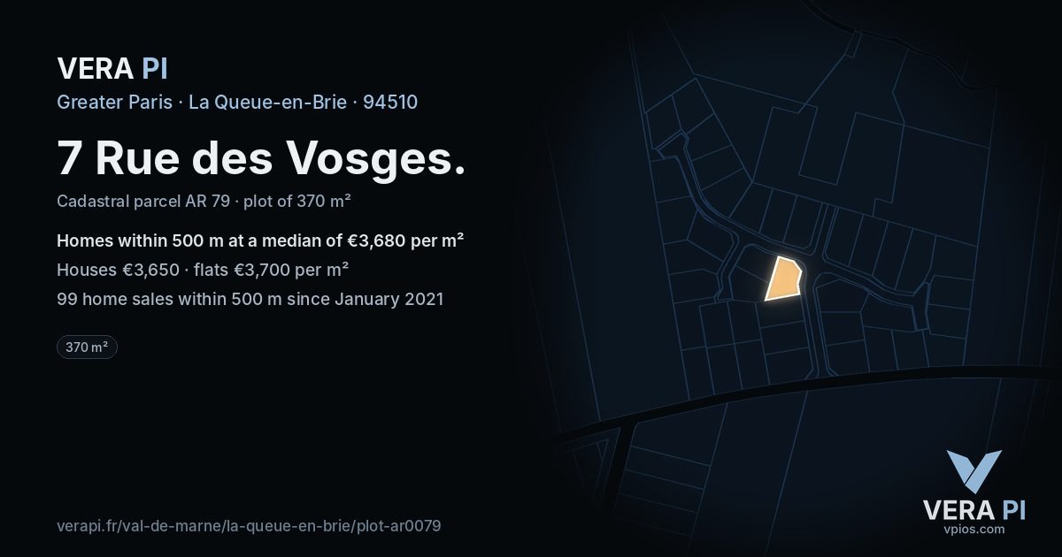 7 Rue des Vosges, La Queue-en-Brie at night – the plot lit, the parcels around coloured by the prices near them