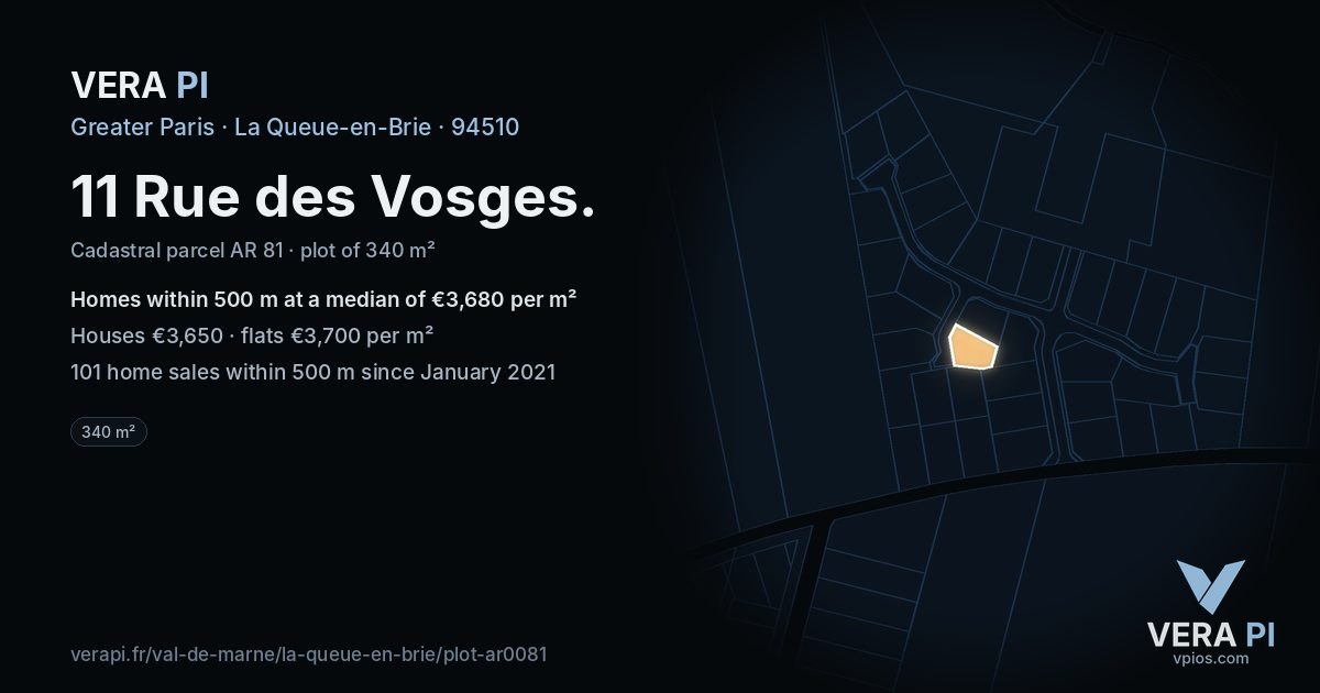 11 Rue des Vosges, La Queue-en-Brie at night – the plot lit, the parcels around coloured by the prices near them
