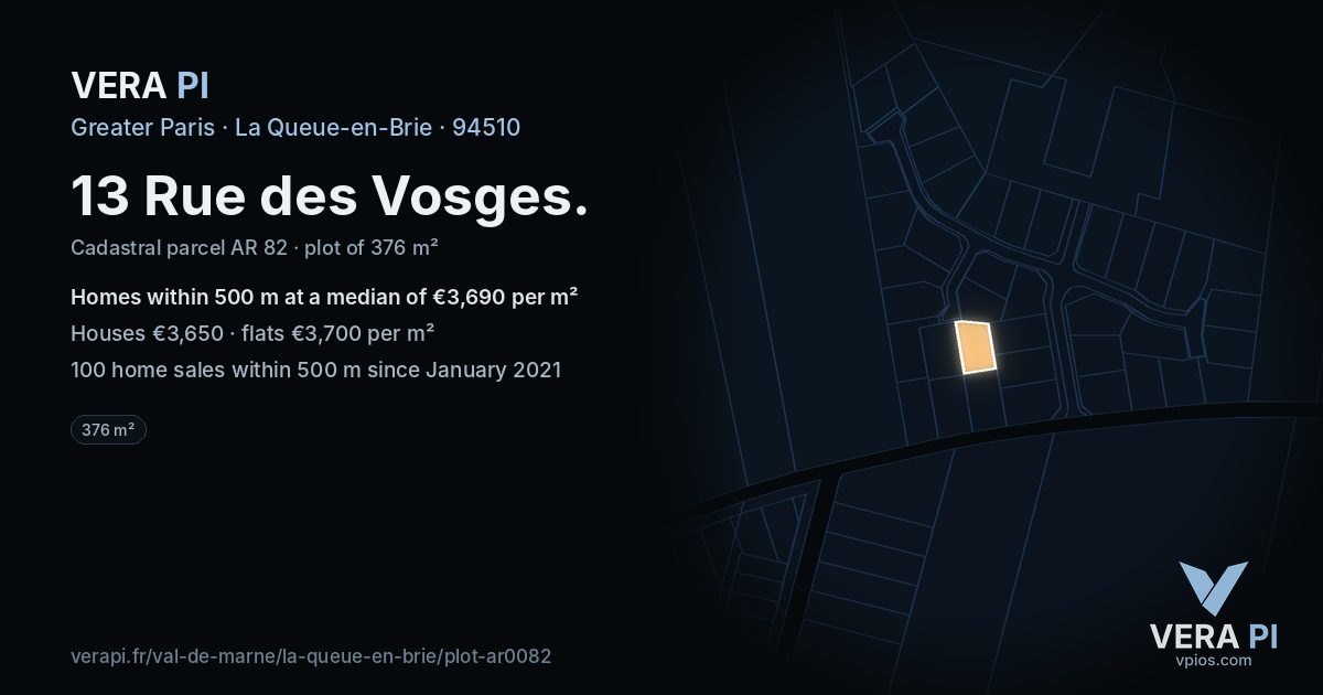 13 Rue des Vosges, La Queue-en-Brie at night – the plot lit, the parcels around coloured by the prices near them