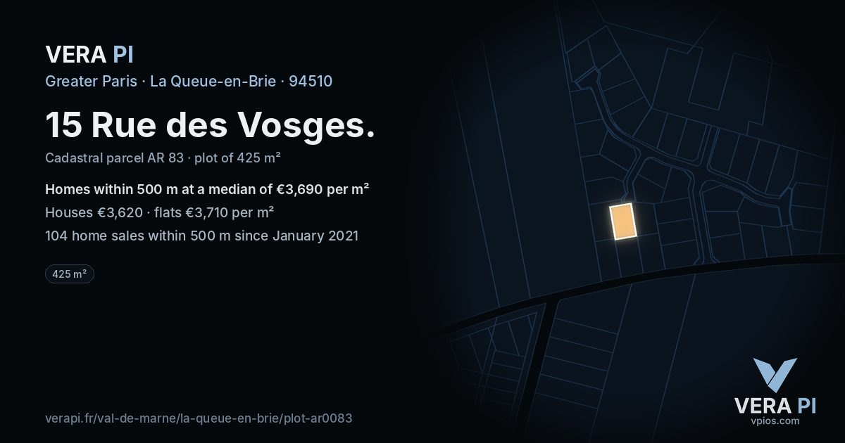 15 Rue des Vosges, La Queue-en-Brie at night – the plot lit, the parcels around coloured by the prices near them