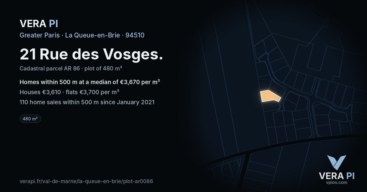 21 Rue des Vosges, La Queue-en-Brie at night – the plot lit, the parcels around coloured by the prices near them