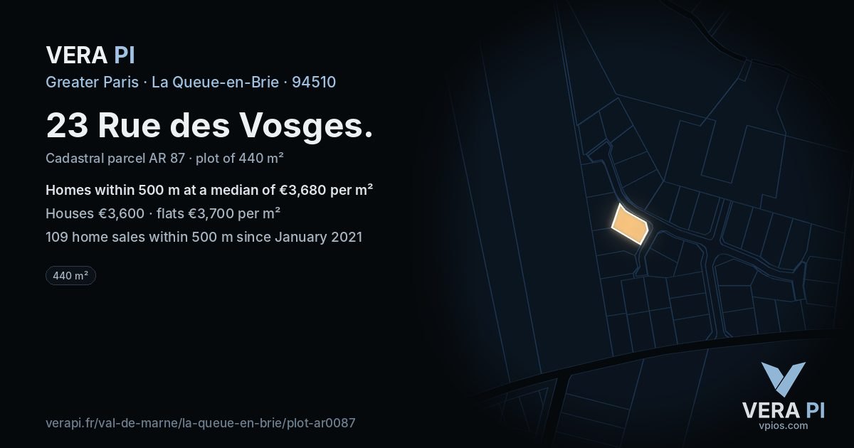 23 Rue des Vosges, La Queue-en-Brie at night – the plot lit, the parcels around coloured by the prices near them