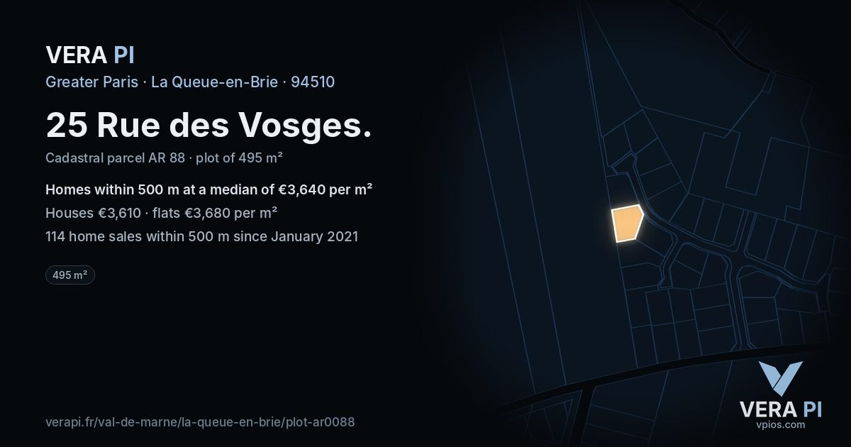 25 Rue des Vosges, La Queue-en-Brie at night – the plot lit, the parcels around coloured by the prices near them