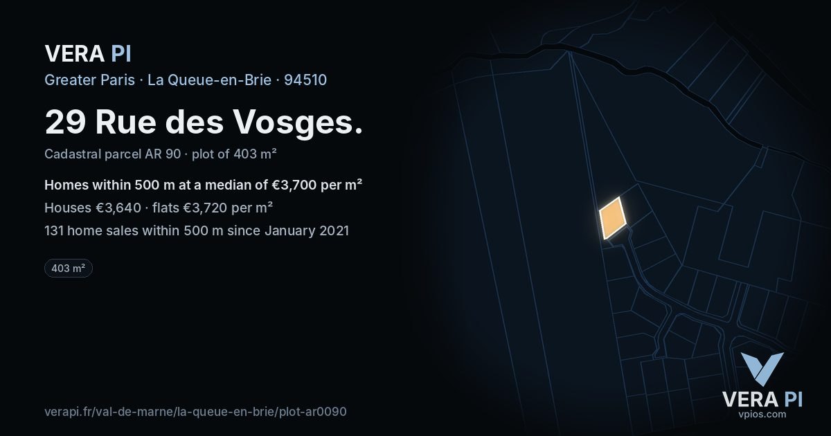 29 Rue des Vosges, La Queue-en-Brie at night – the plot lit, the parcels around coloured by the prices near them