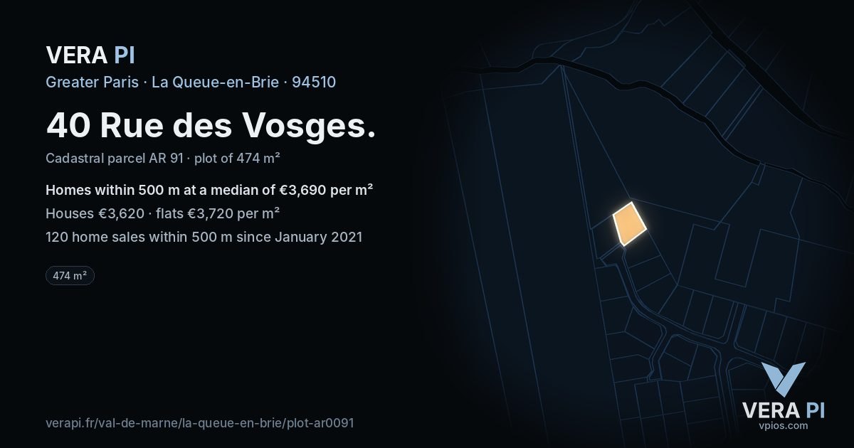 40 Rue des Vosges, La Queue-en-Brie at night – the plot lit, the parcels around coloured by the prices near them