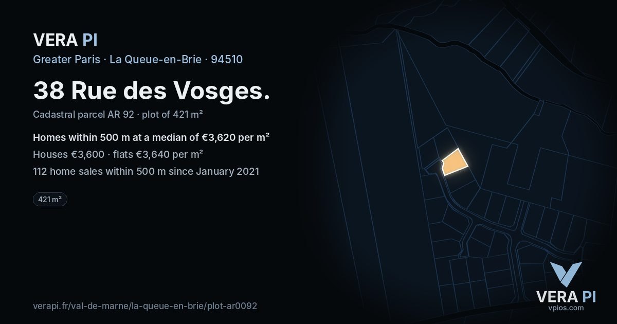 38 Rue des Vosges, La Queue-en-Brie at night – the plot lit, the parcels around coloured by the prices near them