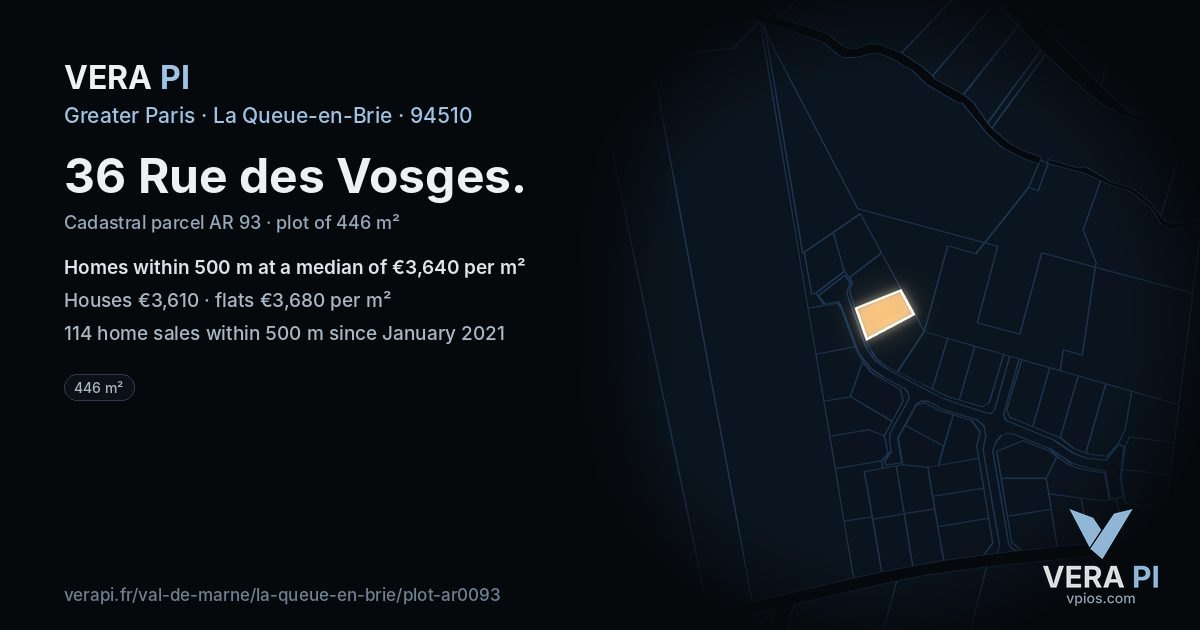 36 Rue des Vosges, La Queue-en-Brie at night – the plot lit, the parcels around coloured by the prices near them