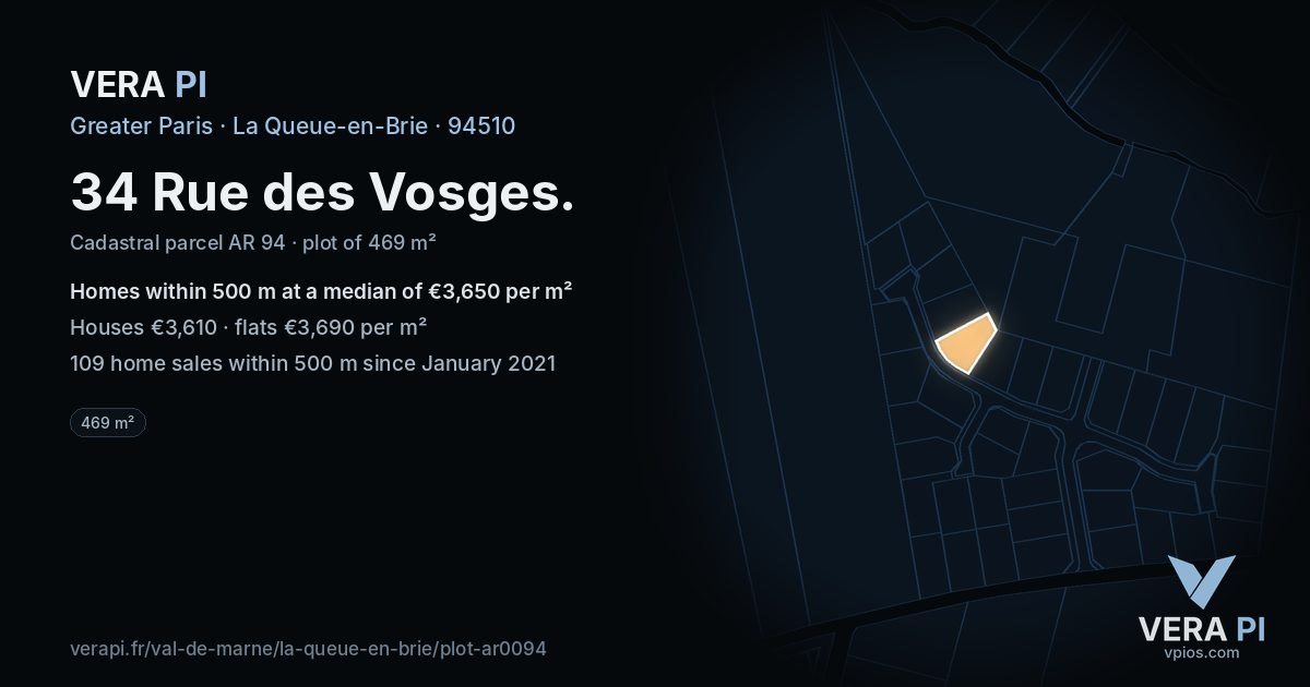 34 Rue des Vosges, La Queue-en-Brie at night – the plot lit, the parcels around coloured by the prices near them