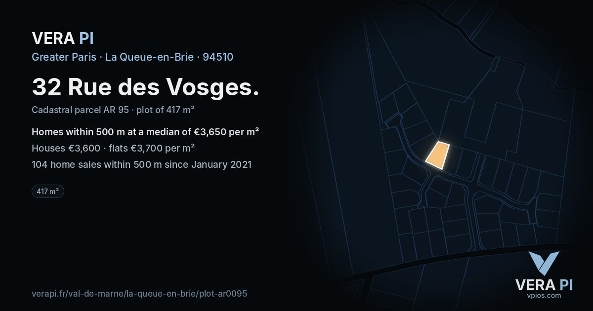 32 Rue des Vosges, La Queue-en-Brie at night – the plot lit, the parcels around coloured by the prices near them
