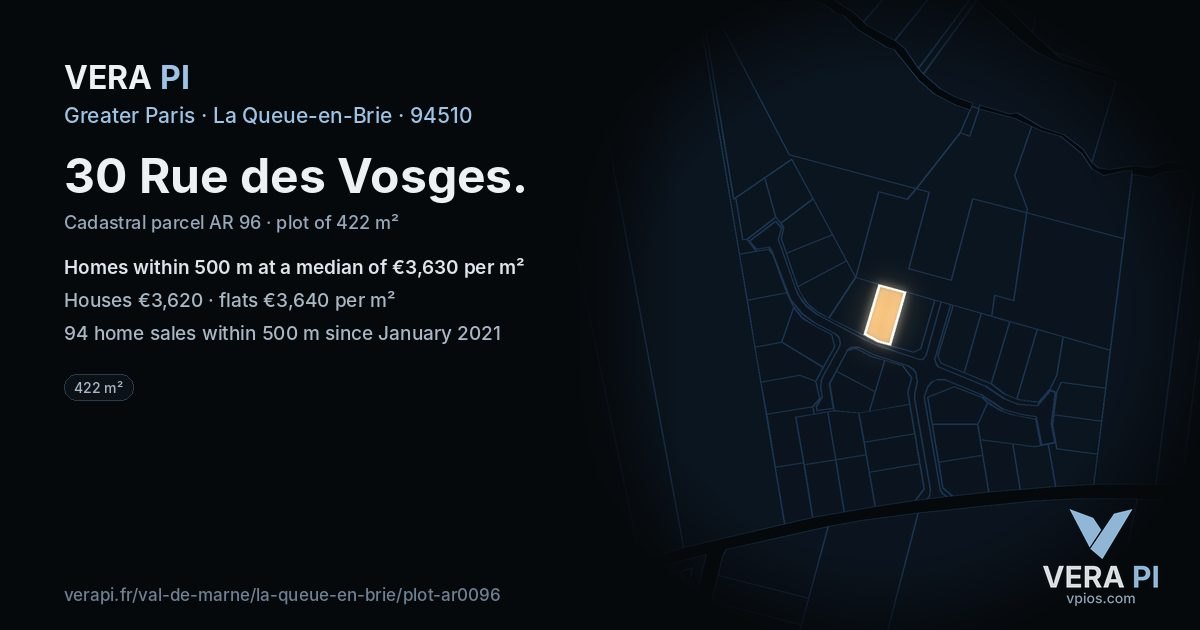 30 Rue des Vosges, La Queue-en-Brie at night – the plot lit, the parcels around coloured by the prices near them