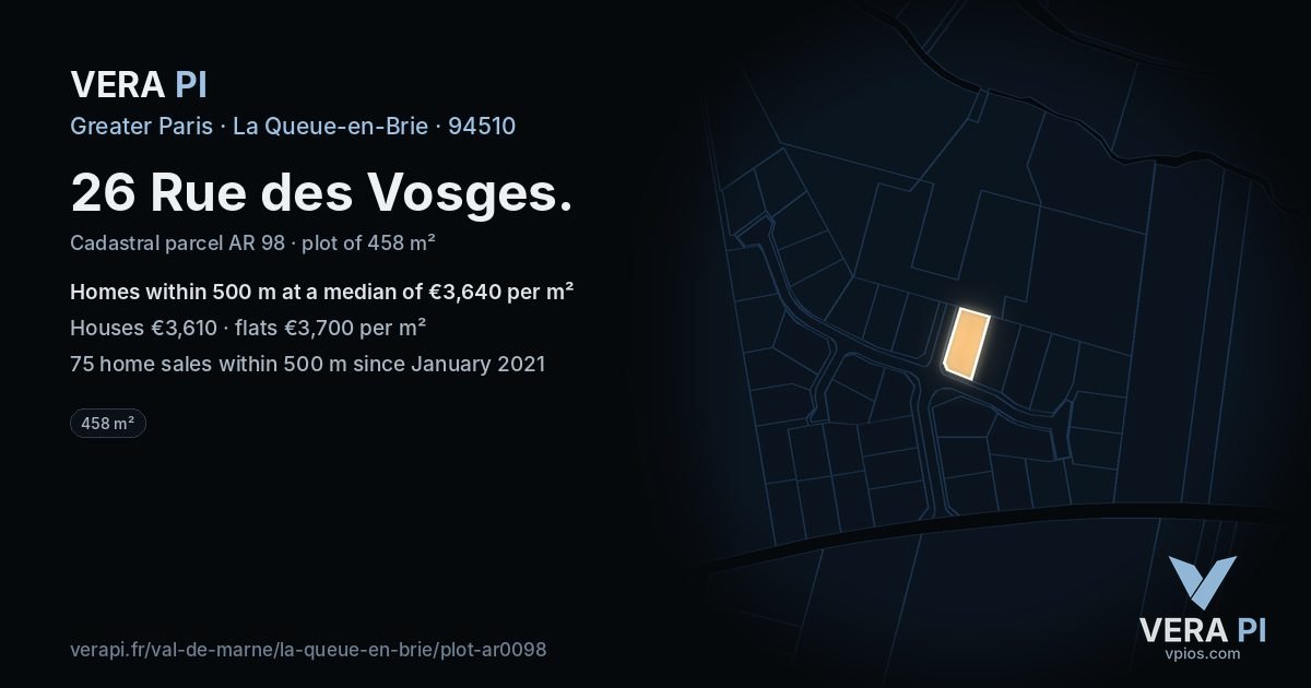 26 Rue des Vosges, La Queue-en-Brie at night – the plot lit, the parcels around coloured by the prices near them