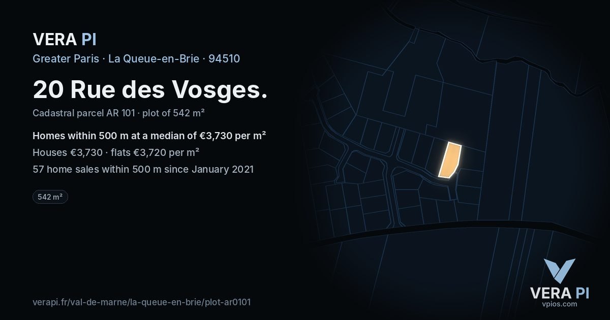 20 Rue des Vosges, La Queue-en-Brie at night – the plot lit, the parcels around coloured by the prices near them