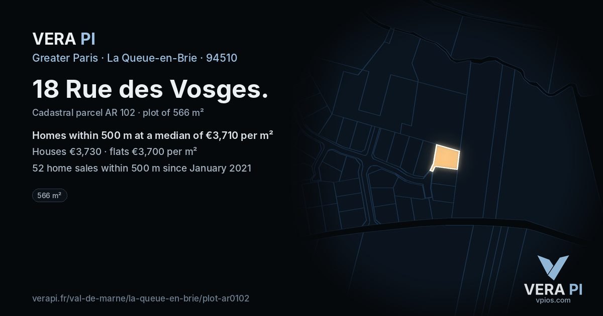 18 Rue des Vosges, La Queue-en-Brie at night – the plot lit, the parcels around coloured by the prices near them