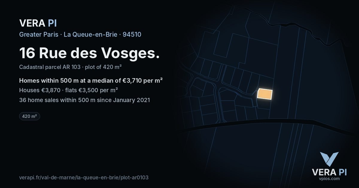 16 Rue des Vosges, La Queue-en-Brie at night – the plot lit, the parcels around coloured by the prices near them
