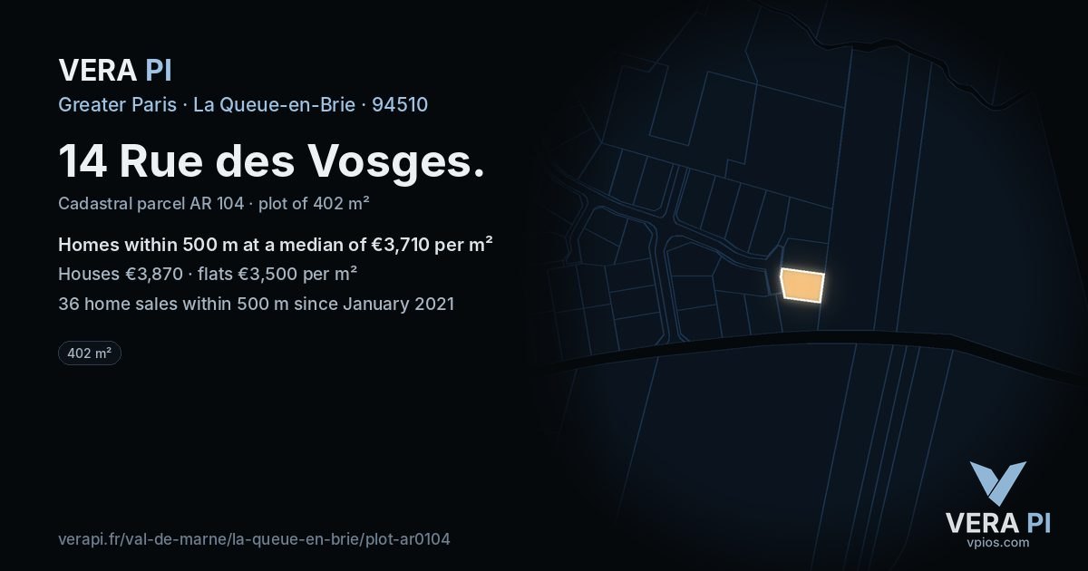 14 Rue des Vosges, La Queue-en-Brie at night – the plot lit, the parcels around coloured by the prices near them