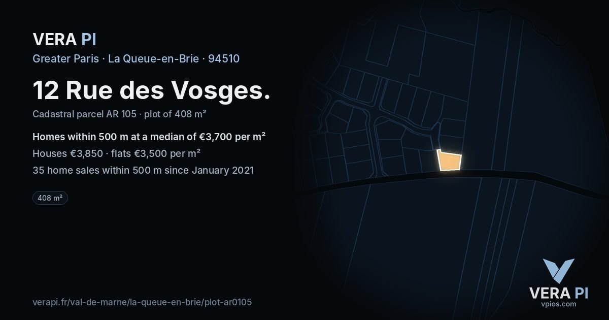 12 Rue des Vosges, La Queue-en-Brie at night – the plot lit, the parcels around coloured by the prices near them