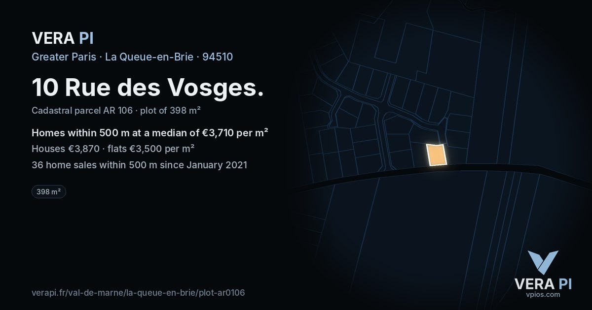 10 Rue des Vosges, La Queue-en-Brie at night – the plot lit, the parcels around coloured by the prices near them