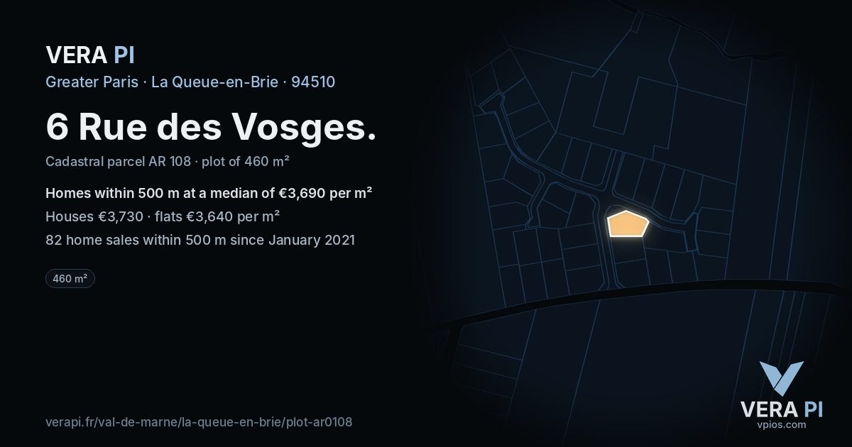 6 Rue des Vosges, La Queue-en-Brie at night – the plot lit, the parcels around coloured by the prices near them