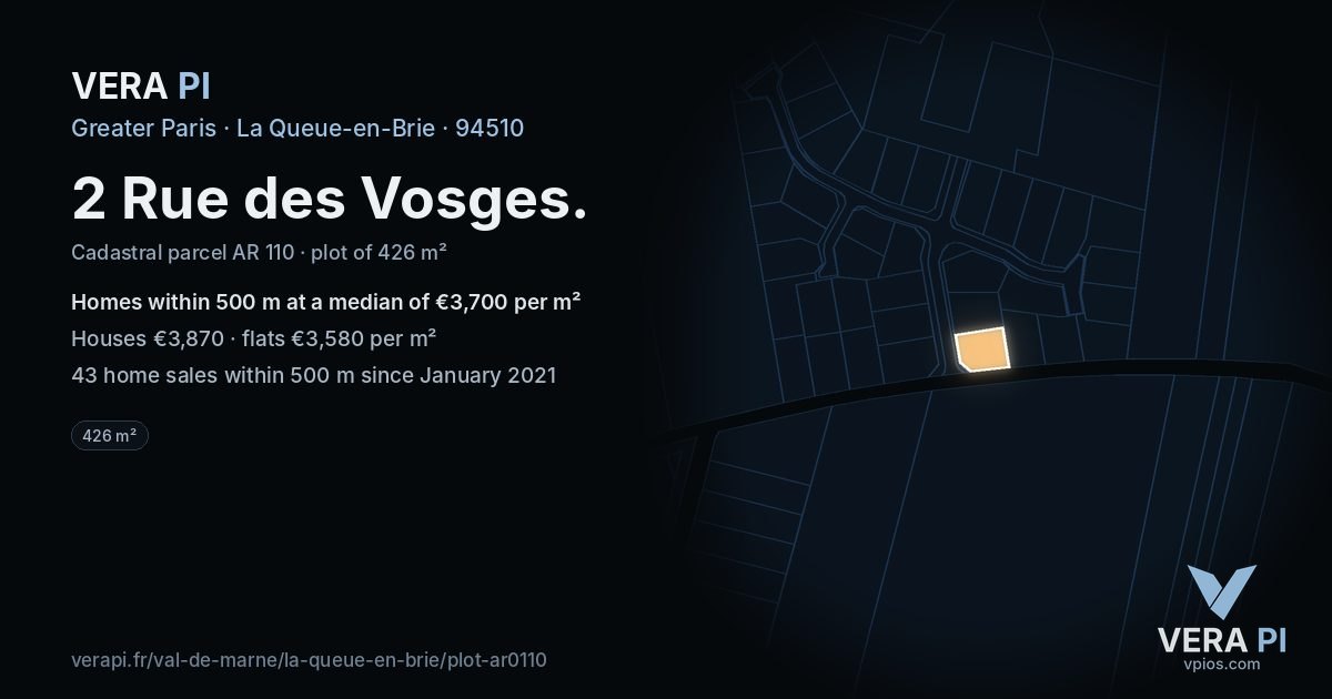 2 Rue des Vosges, La Queue-en-Brie at night – the plot lit, the parcels around coloured by the prices near them