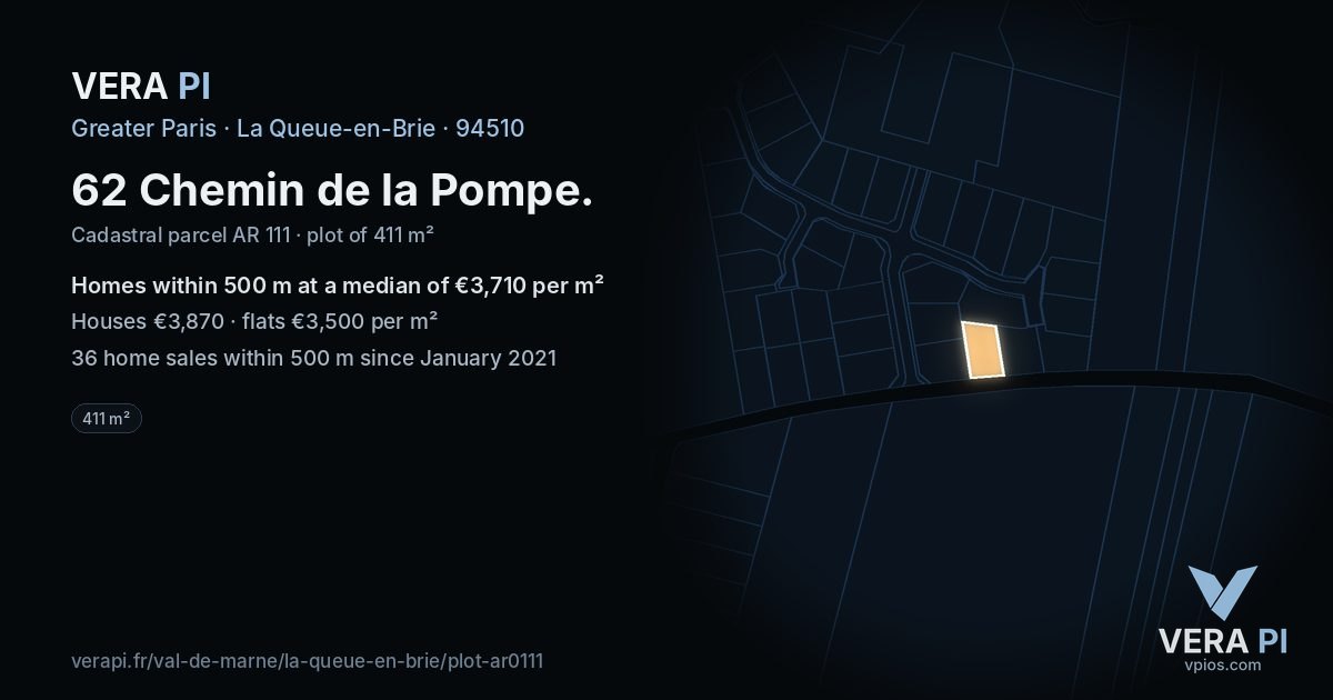 62 Chemin de la Pompe, La Queue-en-Brie at night – the plot lit, the parcels around coloured by the prices near them