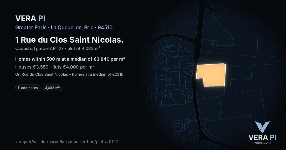 1 Rue du Clos Saint Nicolas, La Queue-en-Brie at night – the plot lit, the parcels around coloured by the prices near them
