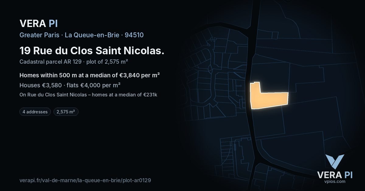 19 Rue du Clos Saint Nicolas, La Queue-en-Brie at night – the plot lit, the parcels around coloured by the prices near them