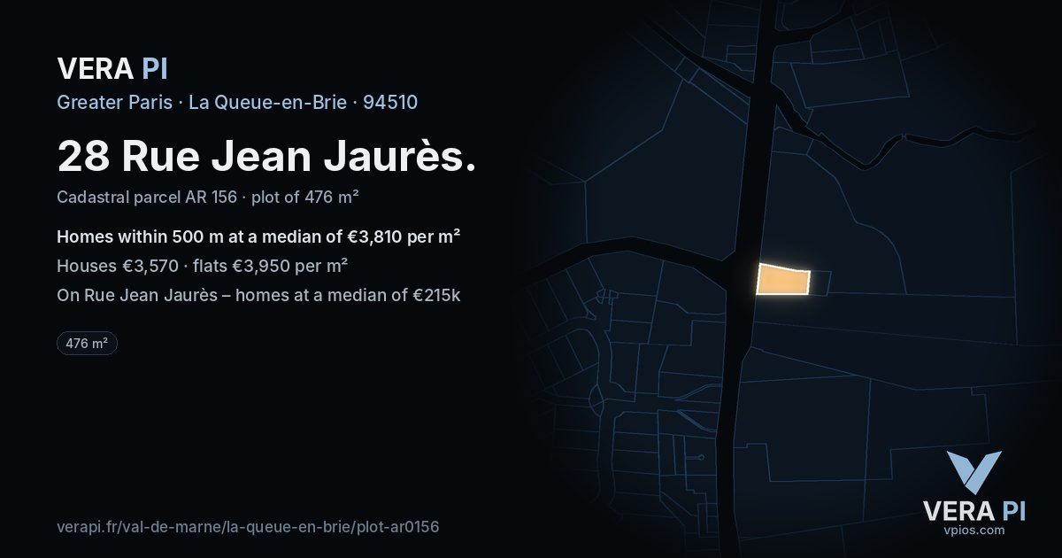 28 Rue Jean Jaurès, La Queue-en-Brie at night – the plot lit, the parcels around coloured by the prices near them