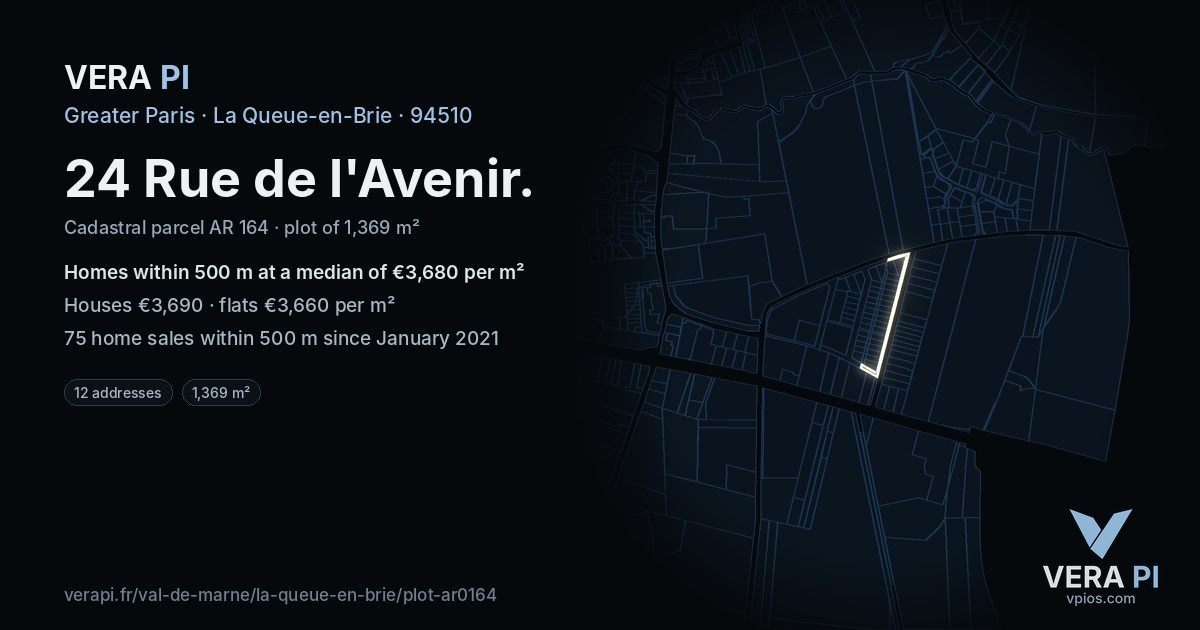 24 Rue de l'Avenir, La Queue-en-Brie at night – the plot lit, the parcels around coloured by the prices near them