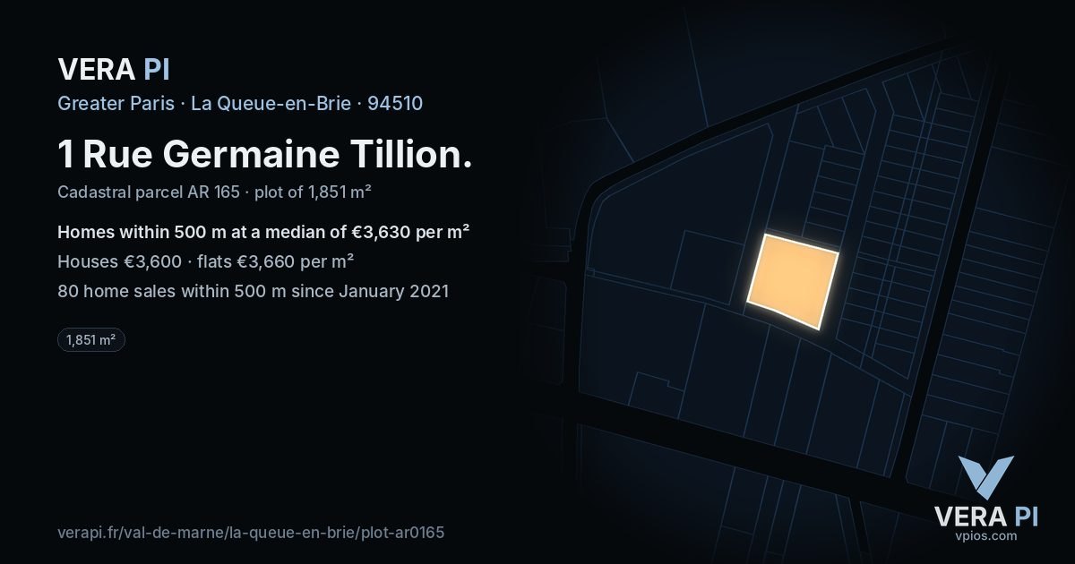 1 Rue Germaine Tillion, La Queue-en-Brie at night – the plot lit, the parcels around coloured by the prices near them